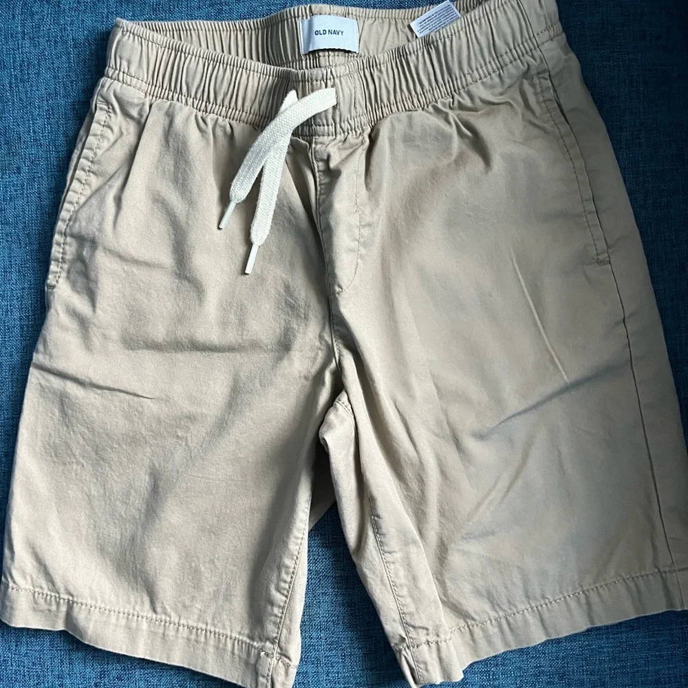 Lot of Old Navy shorts, Light blue, light green, light tan, navy with sharks 8